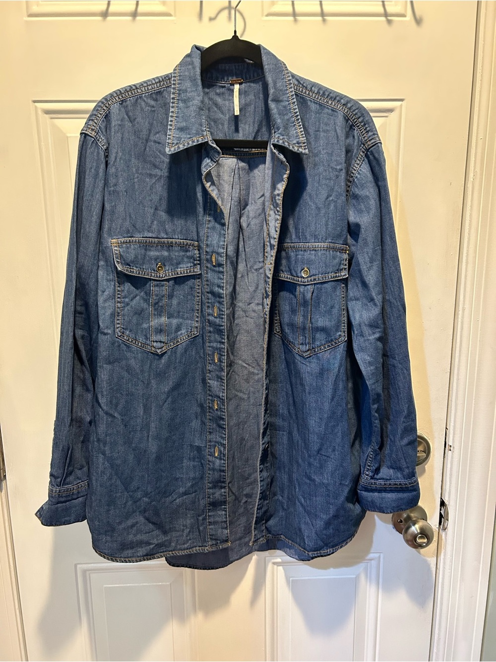 Free People Oversized Denim Button-Front Shirt Jacket - Blue